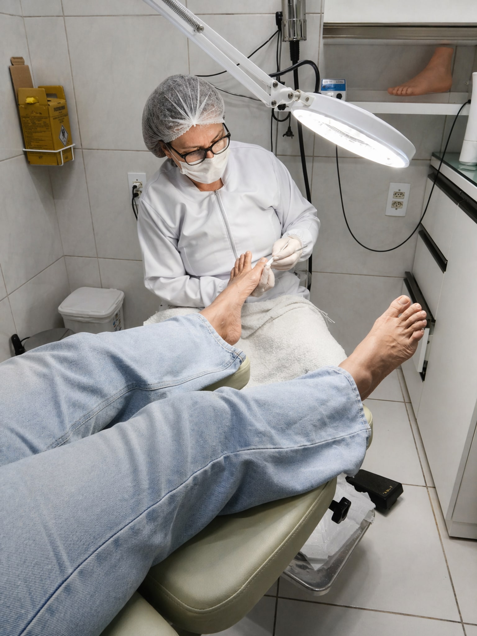 Sala de atendimento da ZL Podologia em Fortaleza com podóloga, paciente, ambiente institucional amplo e luz natural